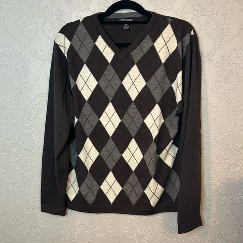 Banana Republic extra fine Italian merino wool argyle sweater brown very good